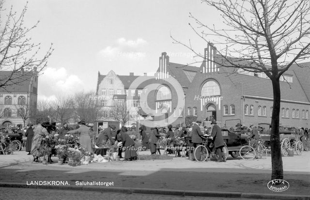 Trade outside the market hall, Landskrona, Sweden, 1925. Creator: Unknown.
