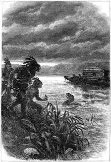 Traders on the Ohio River attacked by Native Americans, 18th century (c1880)