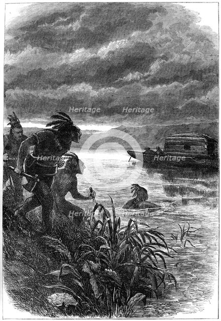Traders on the Ohio River attacked by Native Americans, 18th century (c1880). Artist: Unknown