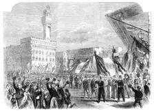 Trades demonstration at Florence against the temporal power of the Pope, 1862. Creator: Unknown