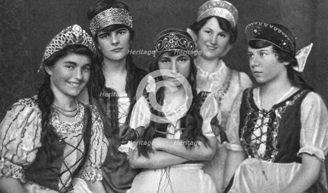 Traditional costumes worn by Hungarian women, Hungary, 1922. Artist: Unknown
