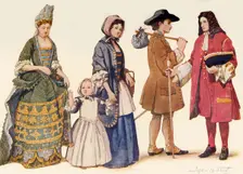 Traditional clothing in the reigns of James II - William and Mary 1685-1700 1903, (1937). Creator: Unknown
