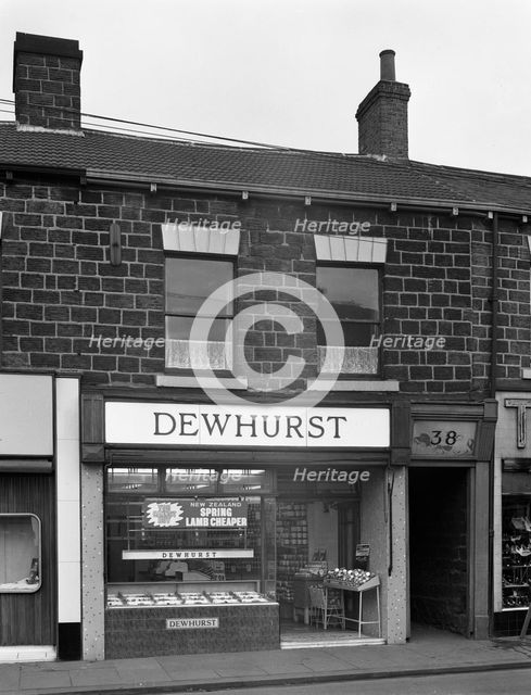 Traditional butcher's shop in the South Yorkshire town of Mexborough, 1962. Creator: Michael Walters.