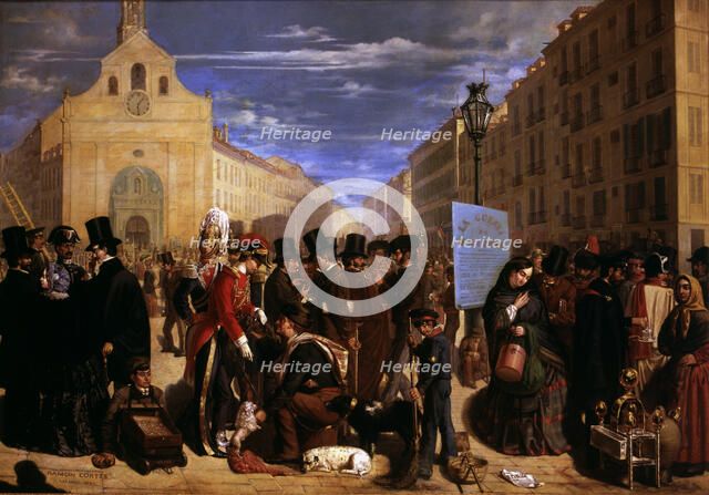 Traditional Madrid people in Puerta del Sol in Madrid before the urban reform, 1855.