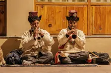 Traditional music, surna, oboe, Leh, Ladakh, India, 2023. Creator: Peter Thompson