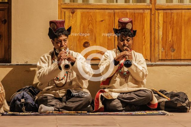 Traditional music, surna, oboe, Leh, Ladakh, India, 2023. Creator: Peter Thompson.