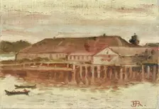 Trading Post and Wharf Buildings, Sitka, Evening, ca. 1880-1914. Creator: Theodore J. Richardson