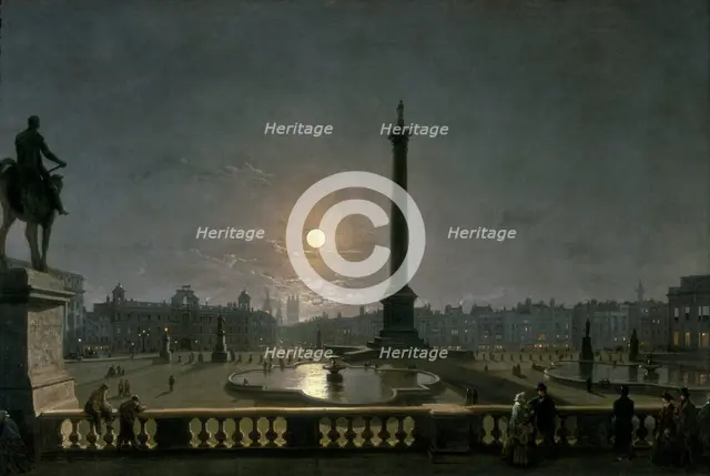 'Trafalgar Square by Moonlight', c1865. Creator: Henry Pether.