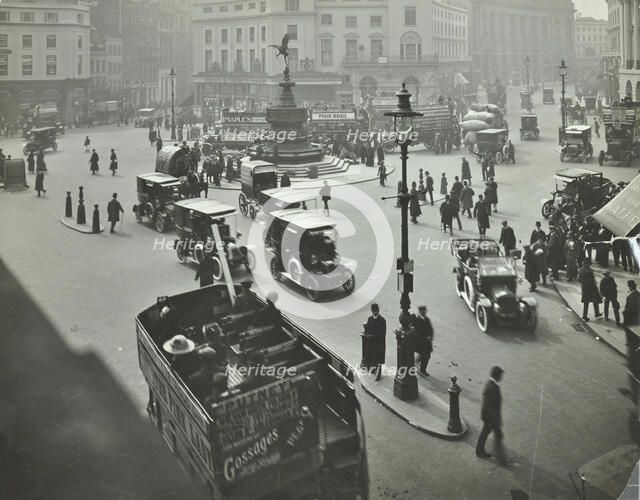 Traffic at Piccadilly Circus, London, 1912. Artist: Unknown.