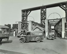 Traffic driving on to the Woolwich Ferry, London, 1945