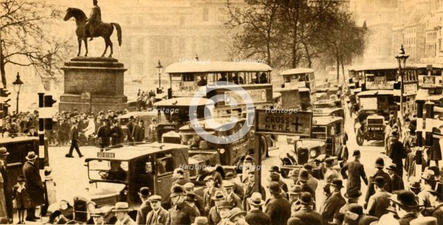 Traffic in Trafalgar Square, London, 1933.  Creator: Unknown.