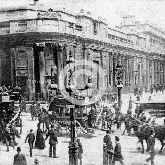 Traffic passing the Bank of England, London, c late 19th century. Artist: Unknown