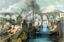 Train crossing Stockport viaduct on the London & North Western Railway, c1845. Creator: Unknown
