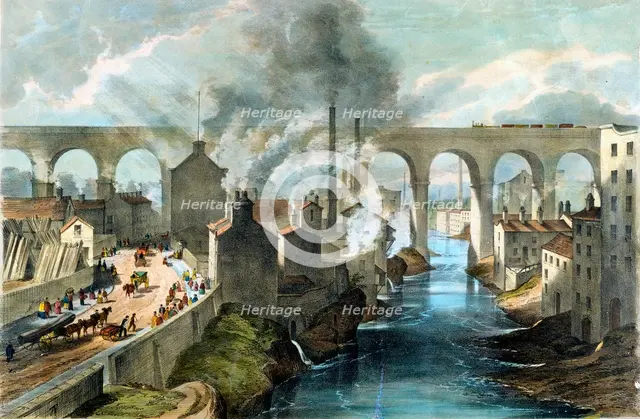 Train crossing Stockport viaduct on the London & North Western Railway, c1845. Creator: Unknown.
