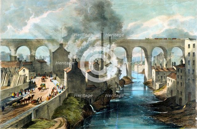 Train crossing Stockport viaduct on the London & North Western Railway, c1845. Creator: Unknown.