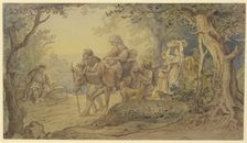Train of Italian peasants, a woman with two children riding on a donkey..., 19th century. Creator: Ludwig Richter
