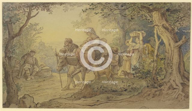 Train of Italian peasants, a woman with two children riding on a donkey..., 19th century. Creator: Ludwig Richter.