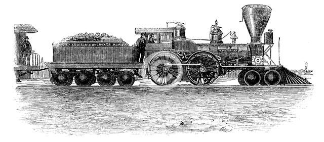 Train machine in the line from Ohio to Mississippi, engraving, 1858.