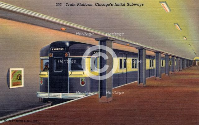 'Train Platform, Chicago's Initial Subways', postcard, 1941. Artist: Unknown