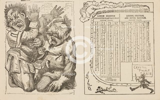 Train timetable and scene from the Crystal Palace pantomime, mid-late19th century.  Creator: Unknown.