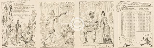 Train timetable and scenes from the Crystal Palace pantomime, mid-late19th century.  Creator: Unknown.