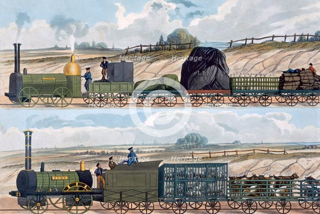 Trains on the Liverpool and Manchester Railway, 1832-1833. Creator: SG Hughes.