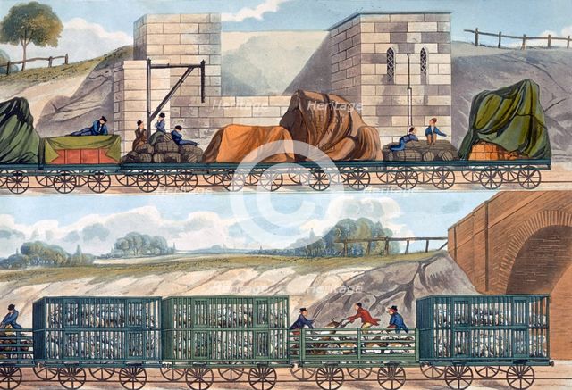 Trains on the Liverpool and Manchester Railway, 1832-1833. Creator: SG Hughes.