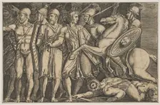 Trajan Fighting the Dacians; Trajan on horseback at right riding towards a group ..., ca. 1515-1600. Creator: Unknown