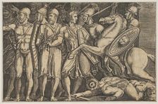 Trajan Fighting the Dacians; Trajan on horseback at right riding towards a group ..., ca. 1515-1600. Creator: Unknown