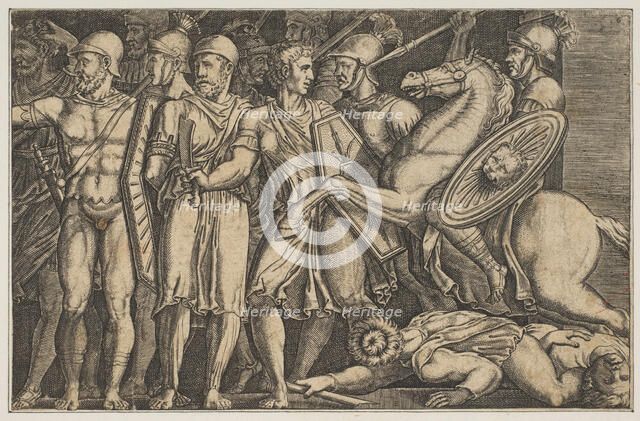 Trajan Fighting the Dacians; Trajan on horseback at right riding towards a group ..., ca. 1515-1600. Creator: Unknown.