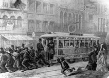 Tram being pulled by men, USA, 1872