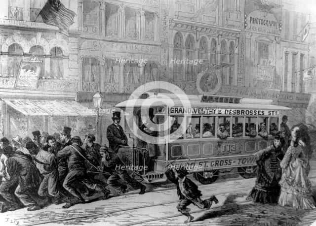 Tram being pulled by men, USA, 1872. Creator: Unknown.