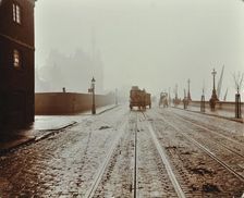 Tramlines and vehicles on the Albert Embankment, Lambeth, London, 1909