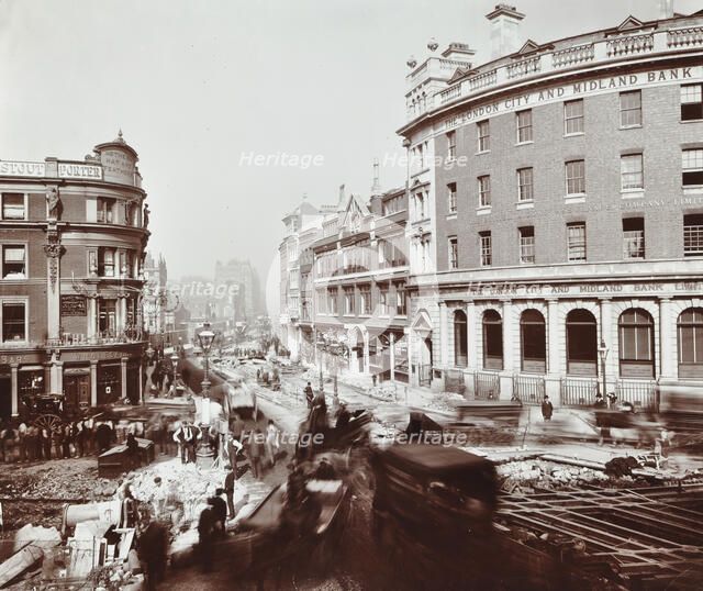 Tramway electrification at the junction of Goswell Road and Old Street, London, 1906. Artist: Unknown.