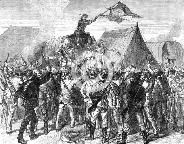 Transvaal War: hoisting the Republican flag in the Boer camp after the declaration of peace, 1881. Creator: C. R..