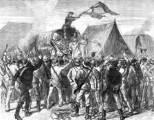 Transvaal War: hoisting the Republican flag in the Boer camp after the declaration of peace, 1881. Creator: C. R.