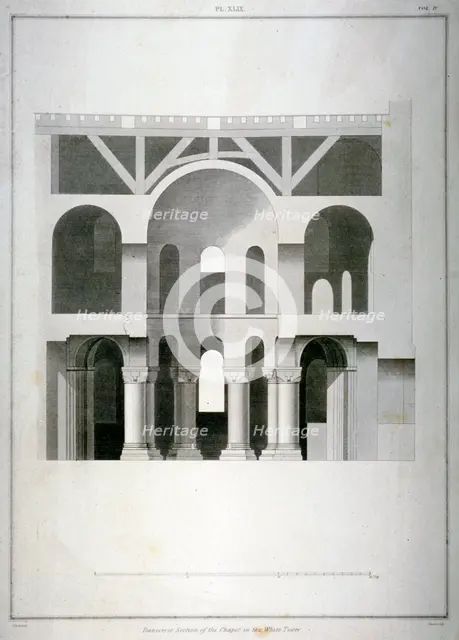 Transverse section of St John's Chapel in the White Tower, Tower of London, 1815. Artist: James Basire II