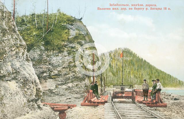 Transbaikal railway. The railroad bed along the bank of the Angara River, 18th verst, 1904-1917. Creator: Unknown.