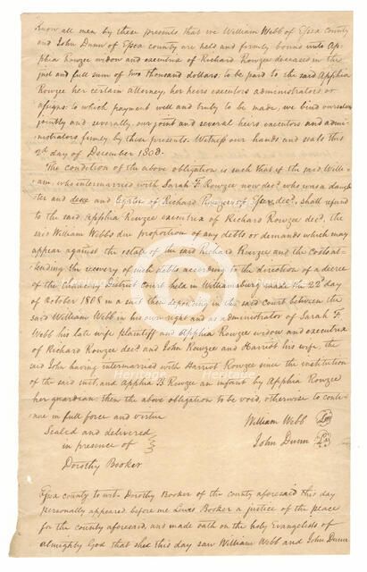 Transcript of court record regarding payment for hire of enslaved persons, December 2, 1808. Creator: Unknown.