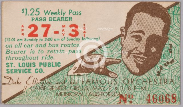 Transit pass for St. Louis Public Service Company depicting Duke Ellington, 15067. Creator: Unknown.