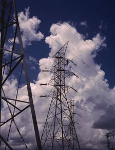 Transmission towers in the switchyard of TVA's Chickamauga Dam, near Chattanooga, Tenn., 1942. Creator: Alfred T Palmer