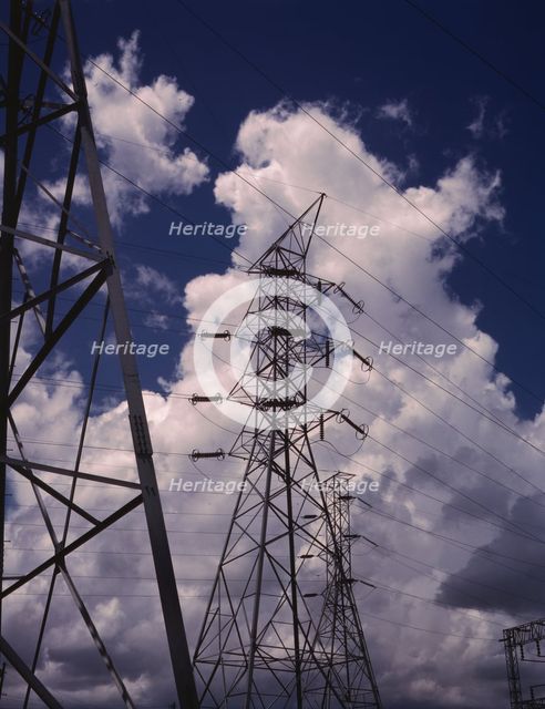 Transmission towers in the switchyard of TVA's Chickamauga Dam, near Chattanooga, Tenn., 1942. Creator: Alfred T Palmer.