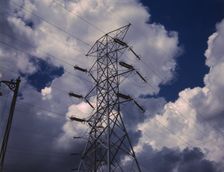 Transmission towers in the switchyard of TVA's Chickamauga Dam, near Chattanooga, Tenn., 1942. Creator: Alfred T Palmer