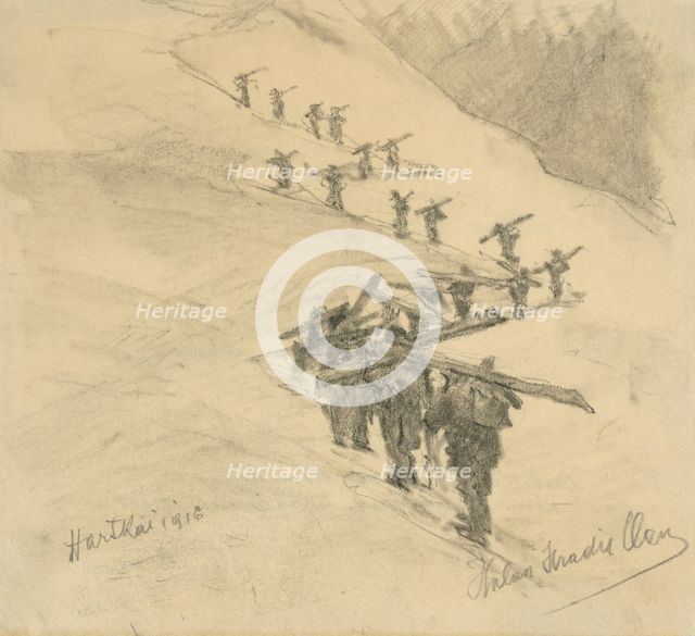 Transportation of boards and exchange of battle groups, 1916. Creator: Elemír Halász-Hradil.