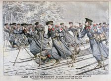 Transporting sick and wounded Russian troops on skis, Russo-Japanese War, 1904