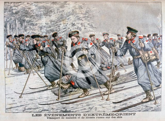 Transporting sick and wounded Russian troops on skis, Russo-Japanese War, 1904. Artist: Unknown