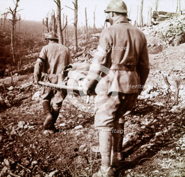 Transporting the wounded, Chemin des Dames, northern France, c1914-c1918.  Artist: Unknown.