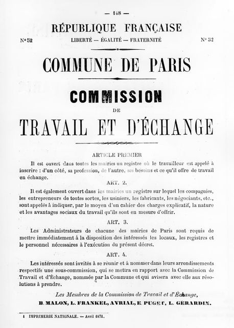 Travail et D'Echange, from French Political posters of the Paris Commune,  May 1871. Artist: Unknown