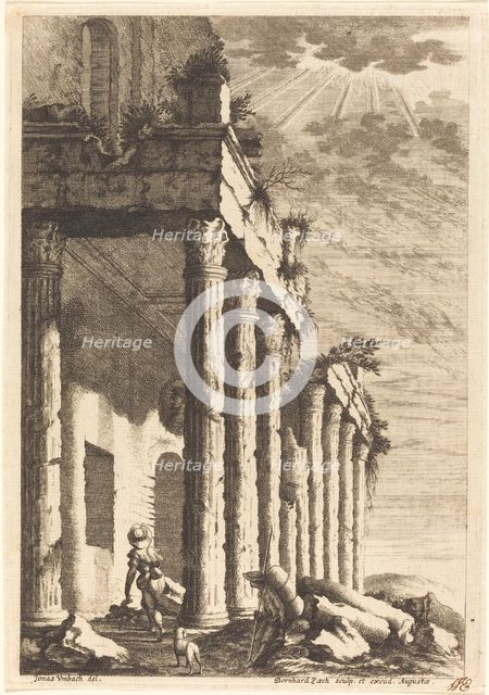Travelers beside a Ruined Portico, c. 1650. Creator: Bernhard Zaech.