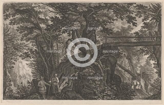 Travelers Resting in a Mountain Forest by a Log Bridge, 1600/1615. Creators: Aegidius Sadeler II, Pieter Stevens.